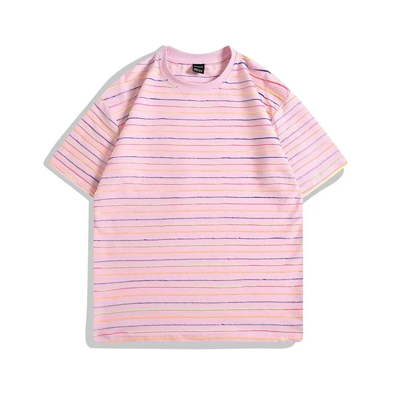Loose fit round neck cotton t-shirt in apricot colour with half sleeves on a hanger.