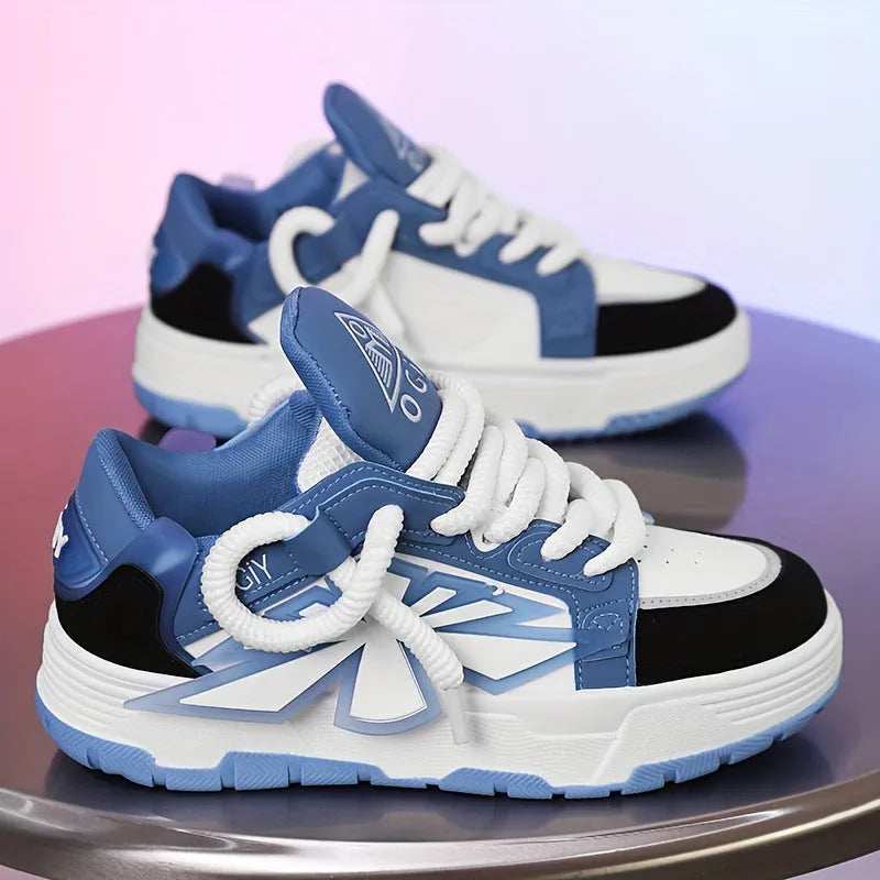 Men's white chunky sole sneakers with cartoon totem pattern and front lace-up design.