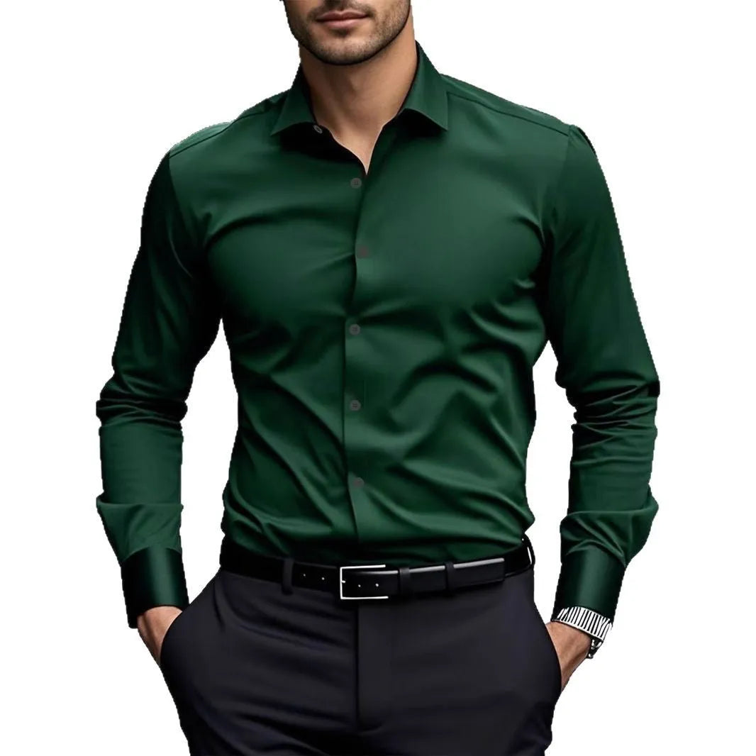 Slim fit long-sleeved solid colour cotton shirt for men, available in multiple colours for business workwear