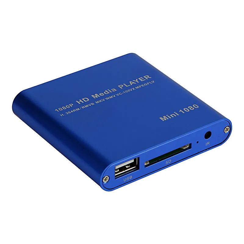 Blue 1080P Full HD media player with HDMI port USB and SD card slots compact metal body