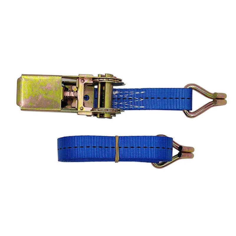 Steel ratchet tensioner with double hook on a grey polyester binding strap laid flat