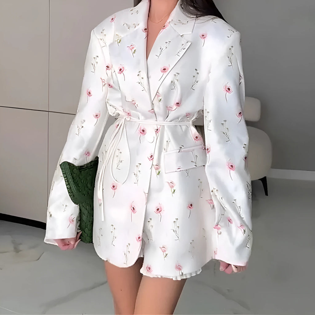 Women's suit jacket with lace-up waist detail in polyester fabric, shown in apricot colour