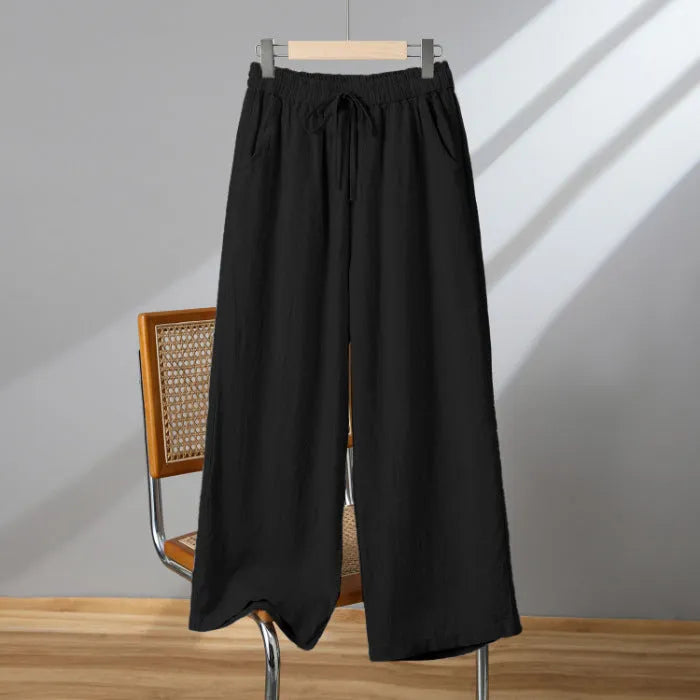 Women's straight-leg casual pants with elastic drawstring waist in apricot colour