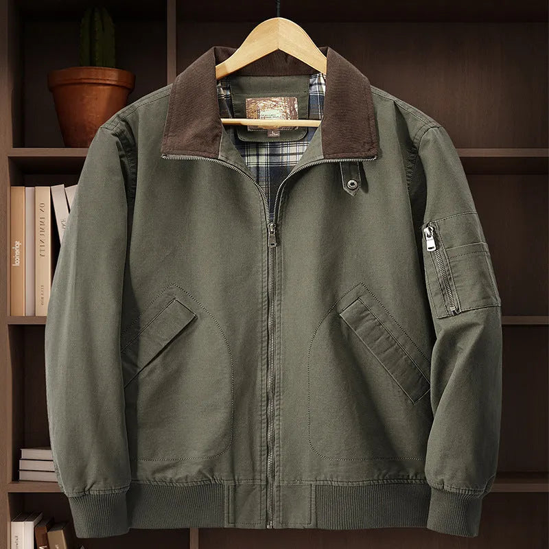 Men's washed cotton baseball jacket in Army Green, shown on a hanger.