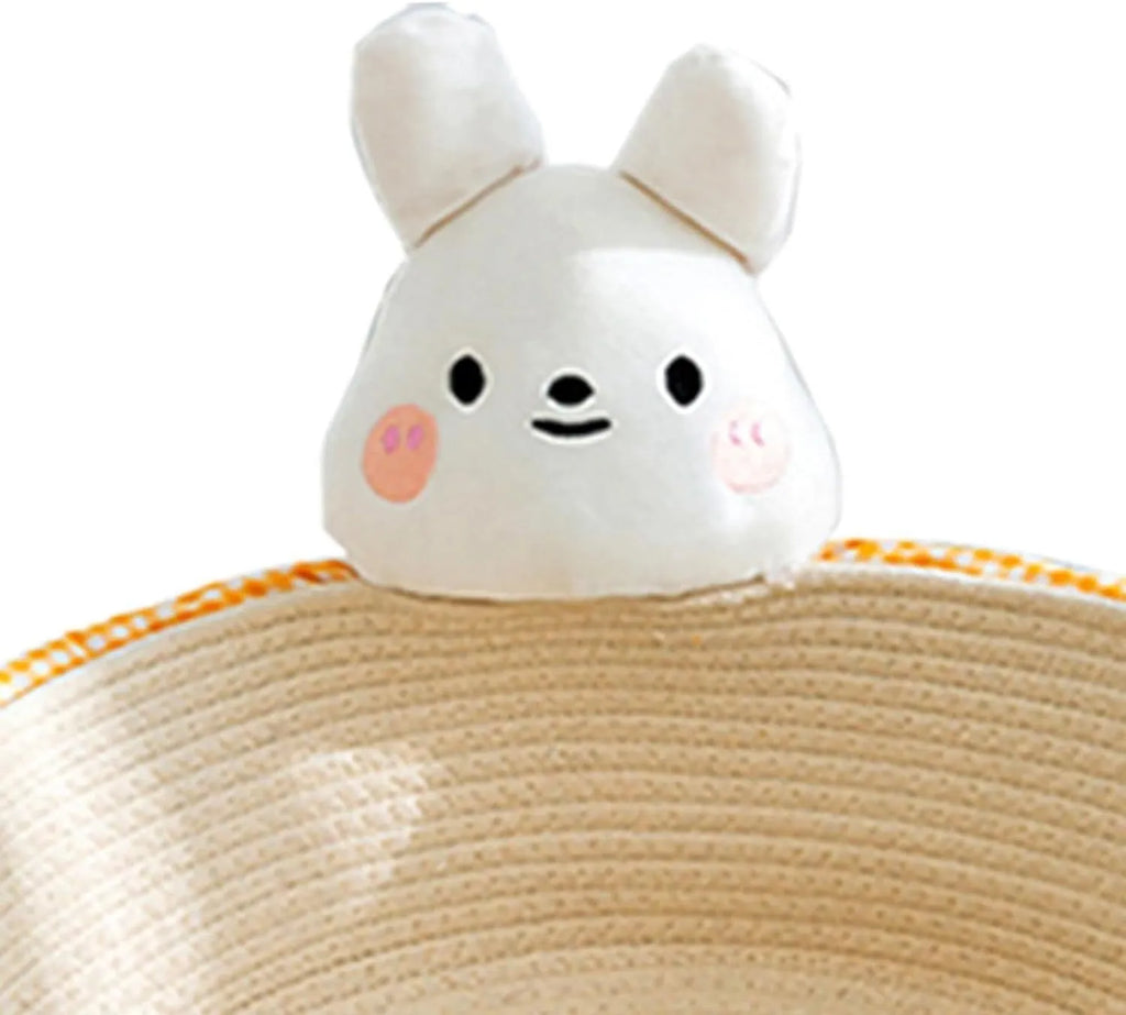 Woven cotton rope cat bed and scratching pad in bear design, showing basket shape.