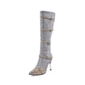 Grey and black women's knee-high high-heel boots with a 9cm heel and 33cm shaft.