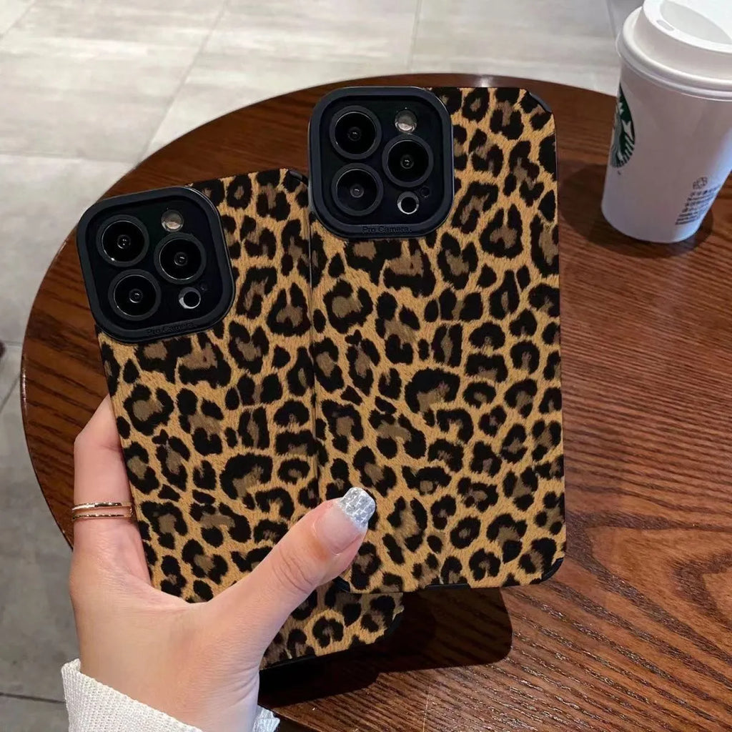 Brown leopard print TPU phone case with three-dimensional relief for Apple iPhone