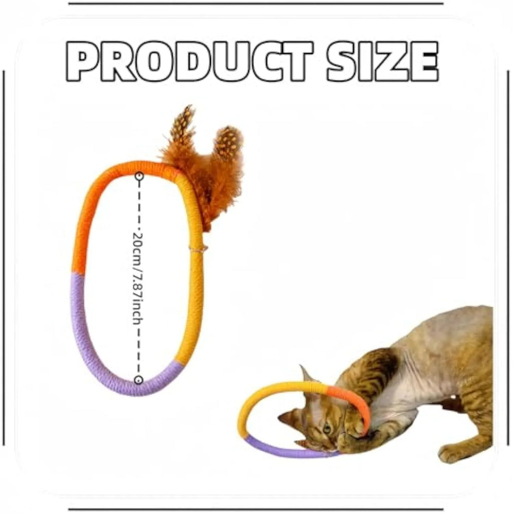 Circular cotton rope cat toy with feathers and catnip filling for indoor feline play