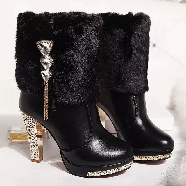 Women's ankle boots with chunky high heels in black or white, sizes 35-41