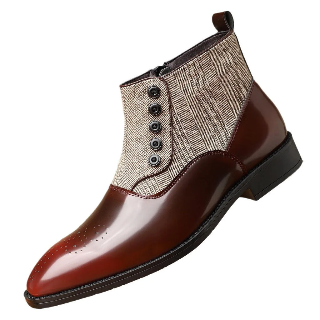 Men's brown and green retro business formal shoes with side zipper and square toe