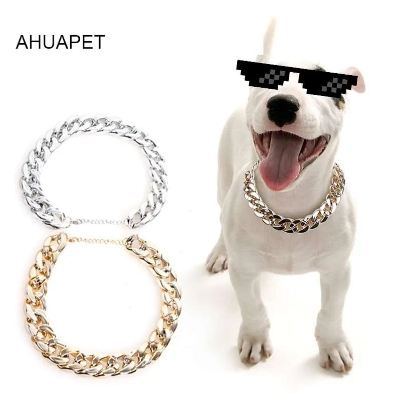 Gold twisted chain dog collar with buckle on a white background, showing adjustable size from 21cm to 50cm.