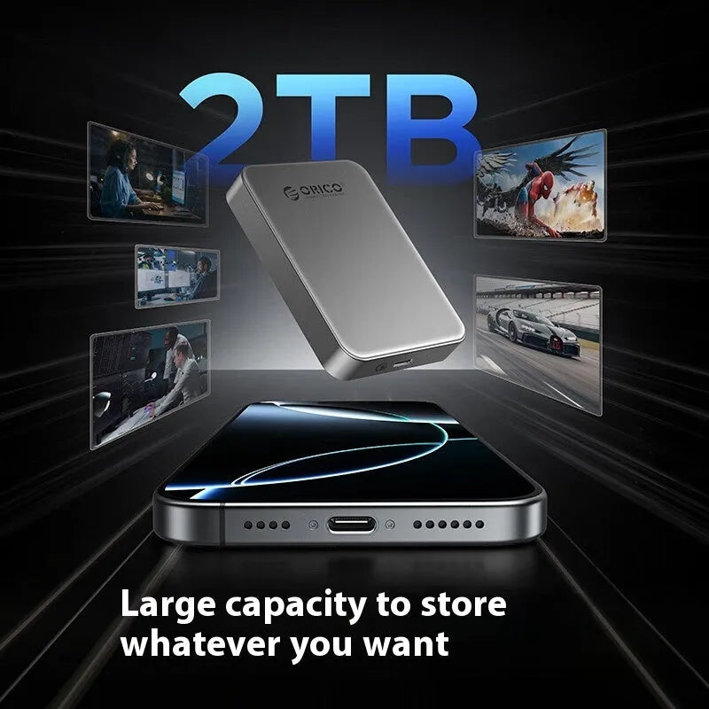 Grey magnetic mobile solid state drive with ultra-thin 80x60x11.2mm dimensions showing alloy plastic construction