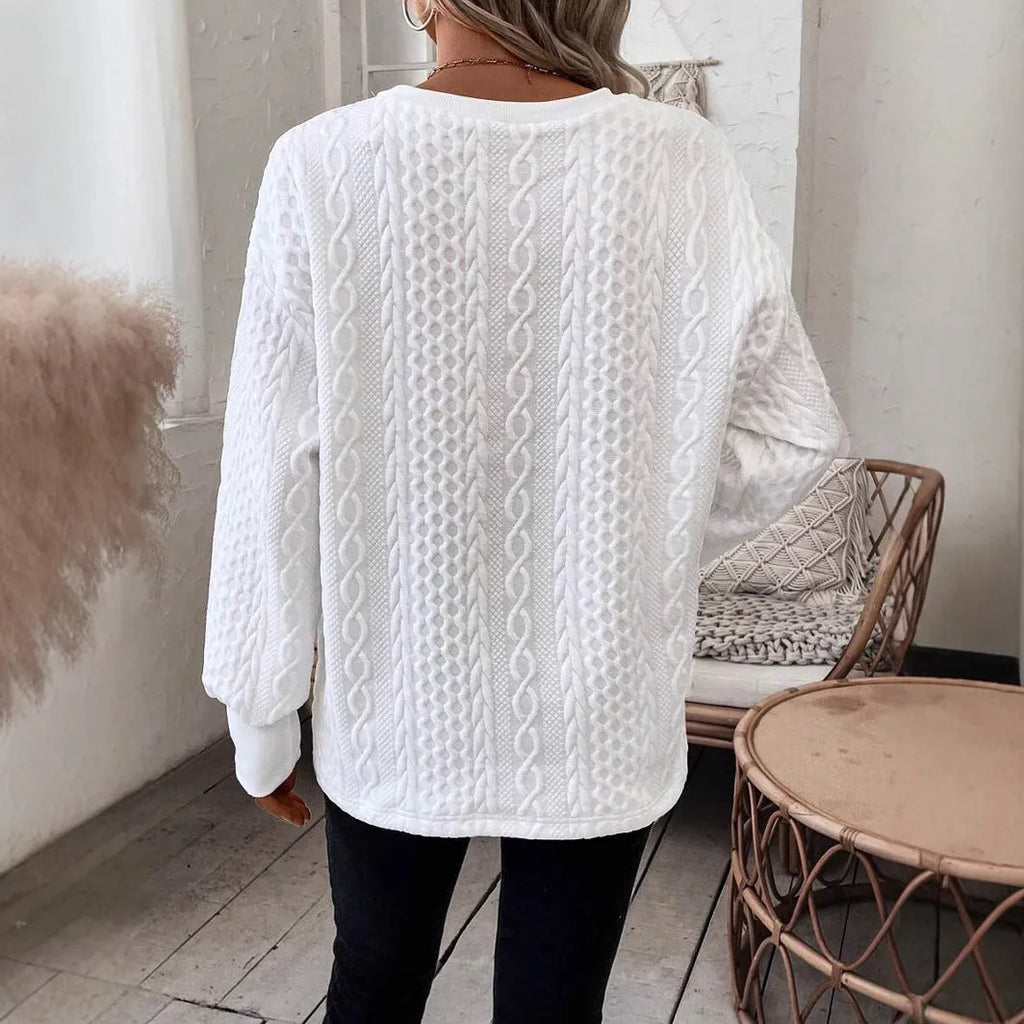 Milky white loose long sleeve t-shirt with 3D pattern, Japanese Korean casual style