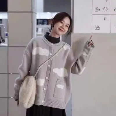 Women's blue cloud pattern spandex cardigan sweater coat with loose fit and regular sleeves