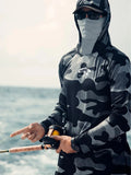 Huk long sleeve fishing hoodie shirt with mesh side panels and UPF 50+ protection.