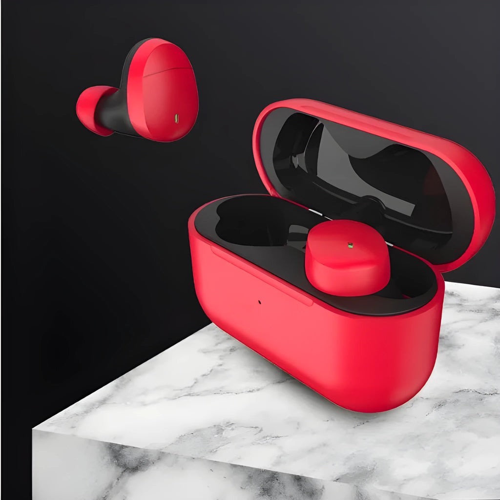 Flame red Qualcomm TWS 3040 true wireless Bluetooth earbuds with charging case.