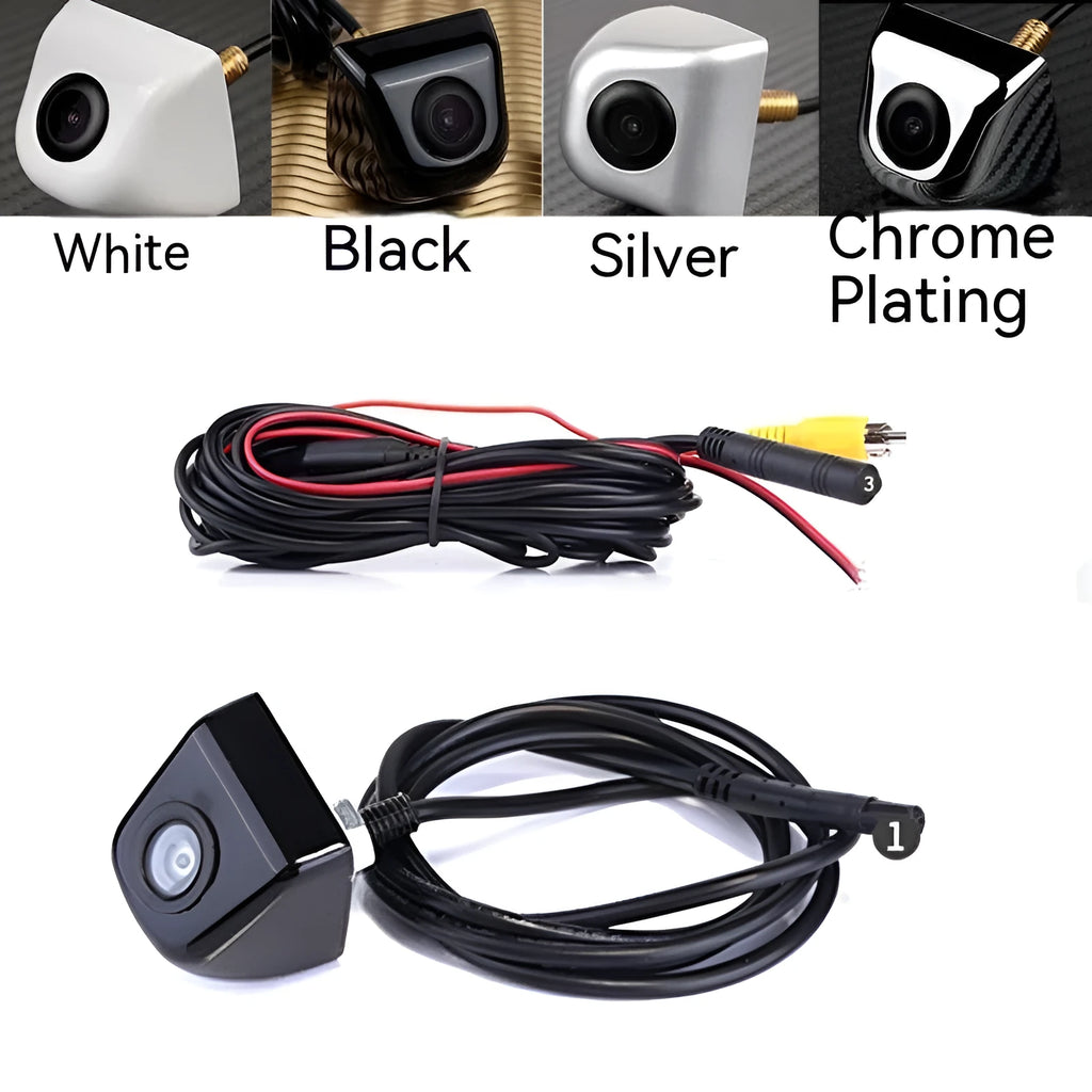 HD waterproof car rearview camera with metal shell in black, white, silver, or chrome finishes.
