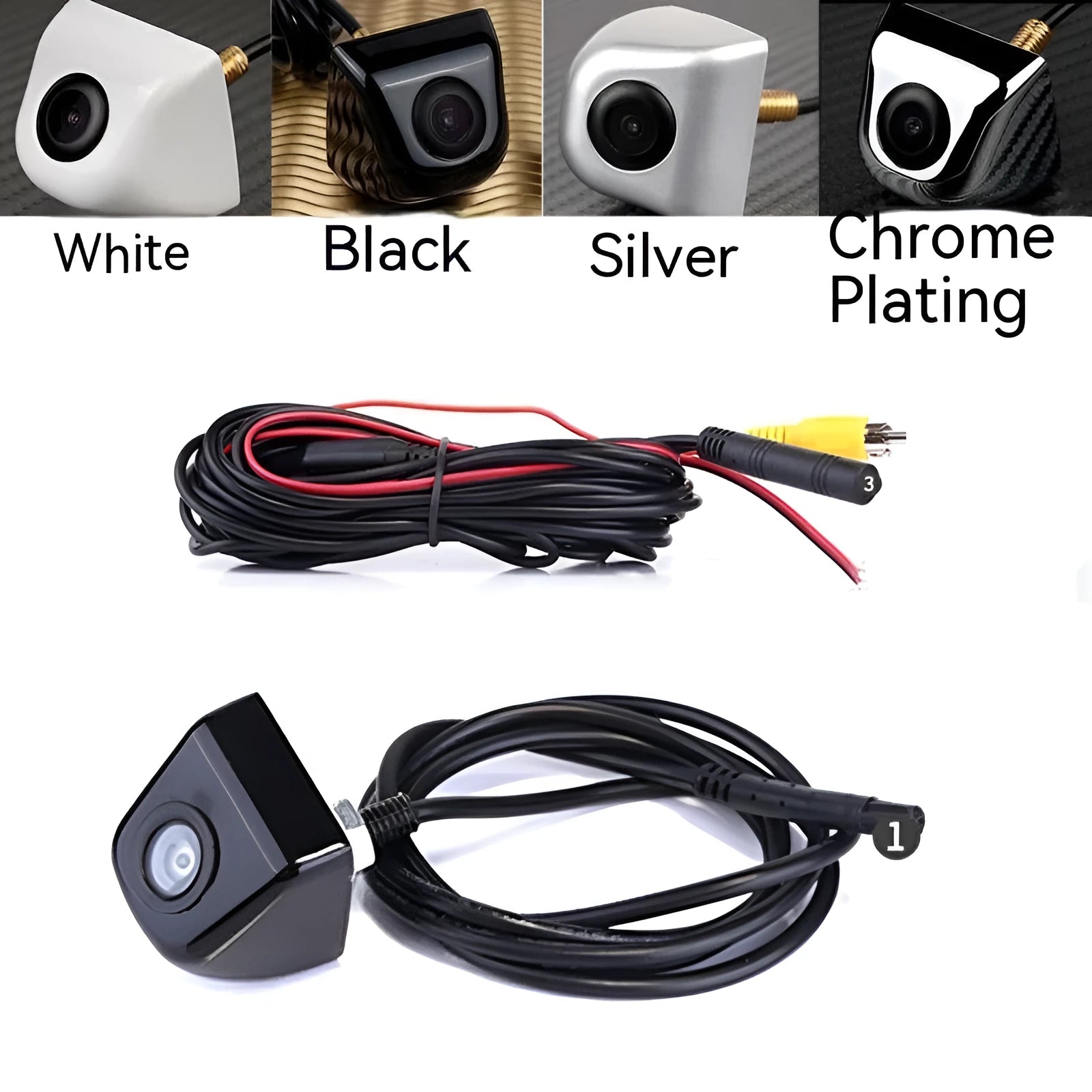 HD waterproof car rearview camera with metal shell in black, white, silver, or chrome finishes.