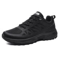 Men's black breathable mesh running shoes with lace-up front and rubber sole, shown on a white background.