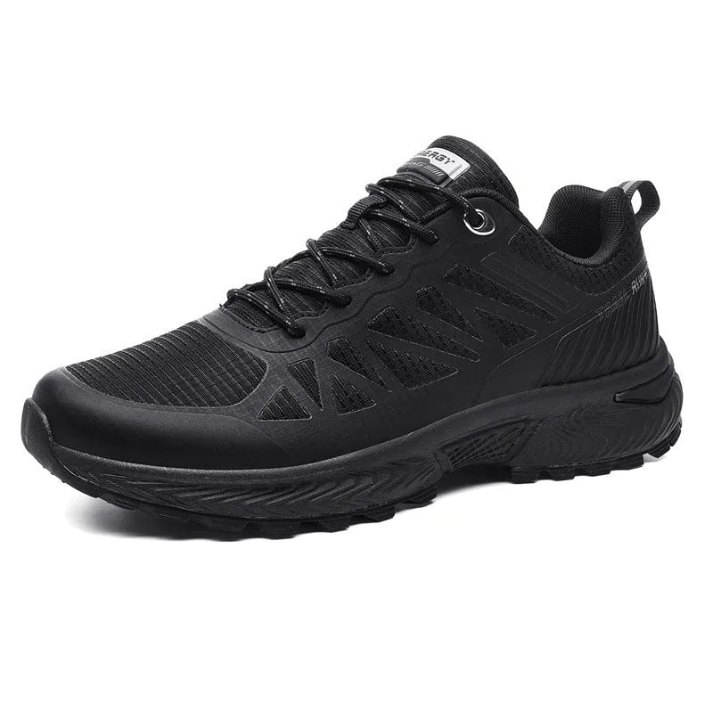 Men's black breathable mesh running shoes with lace-up front and rubber sole, shown on a white background.