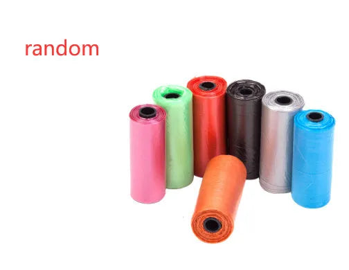 Roll of handled dog poop bags in assorted colours showing dimensions of 22.5 by 30 centimetres
