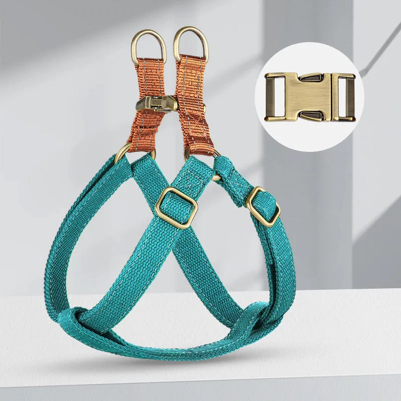 Brown vest-style dog leash with cotton belt and alloy fasteners