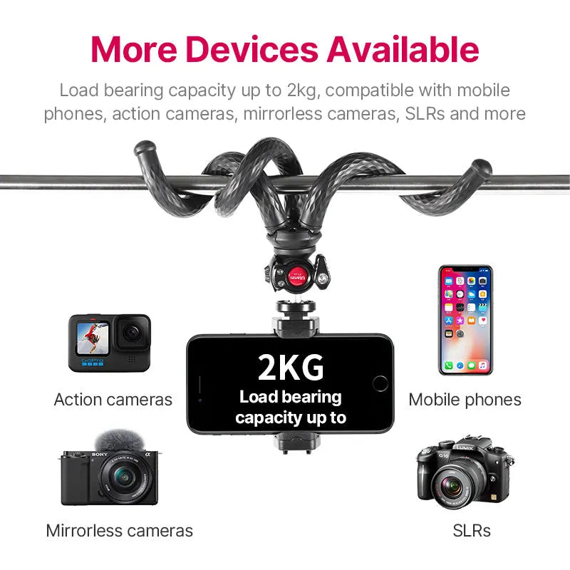 Black octopus leg tripod with extended aluminium shaft and attached mobile phone clip