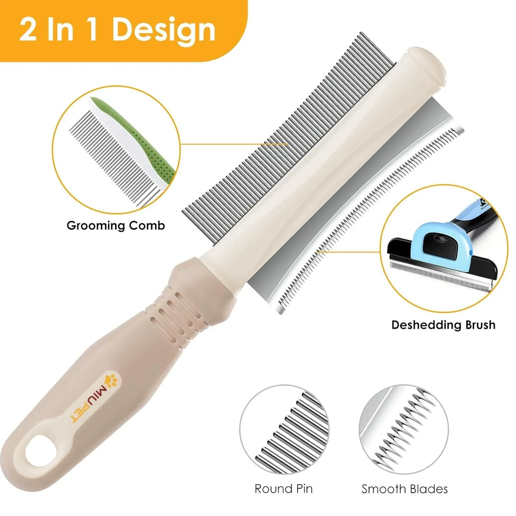 White double-sided dog and cat deshedding brush with curved comb and ergonomic anti-slip handle