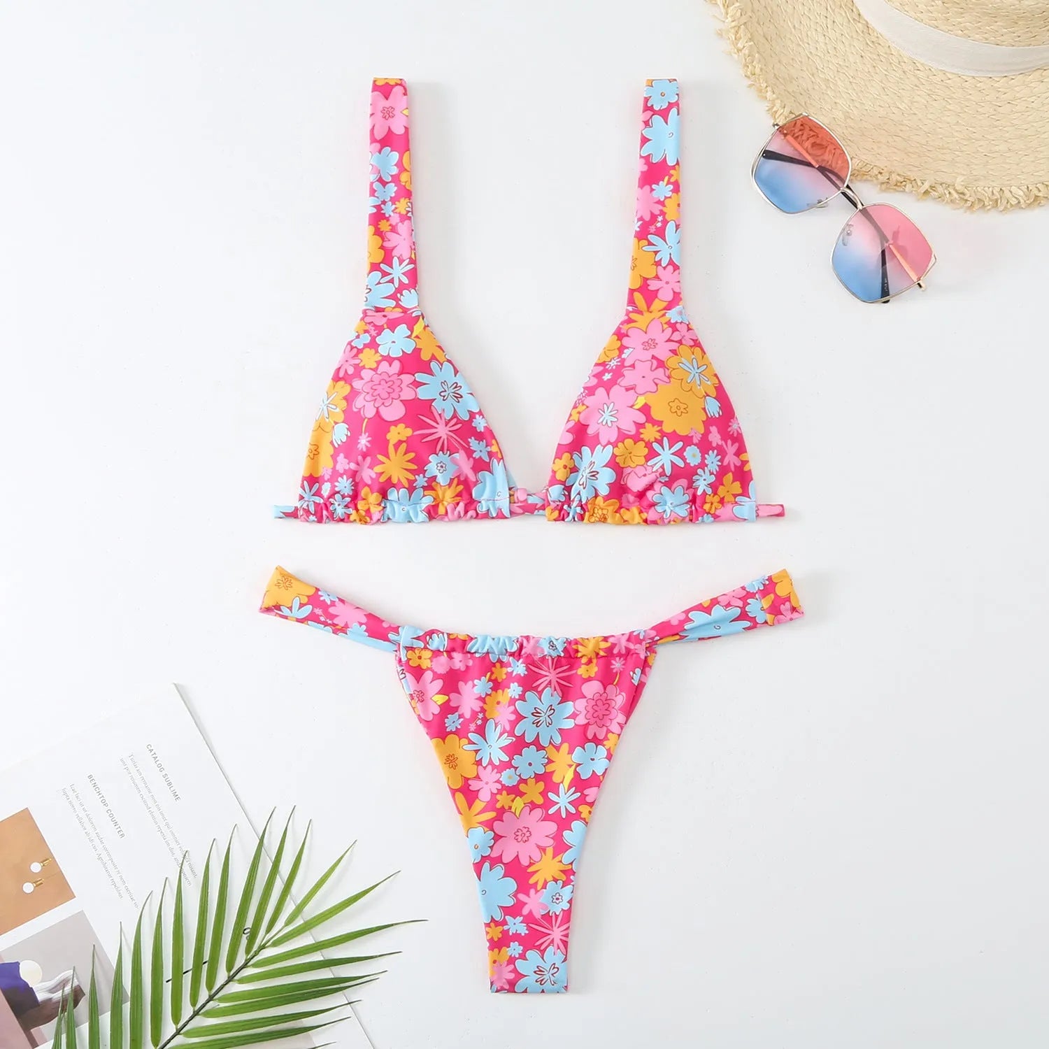 Women's floral print bikini swimsuit in rose red, blue, sky blue or white colours with S, M, L sizing
