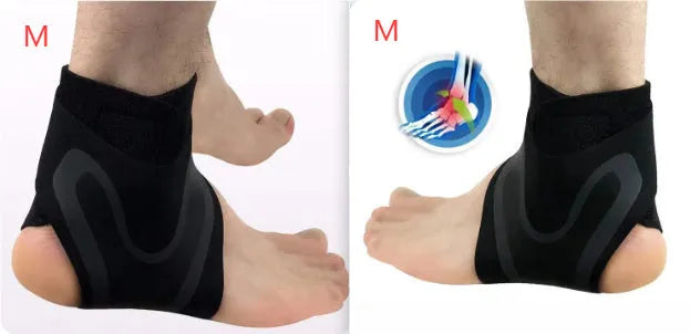 Ankle support protective cover for the right or left foot, shown in size M, L, or XL for sports use.