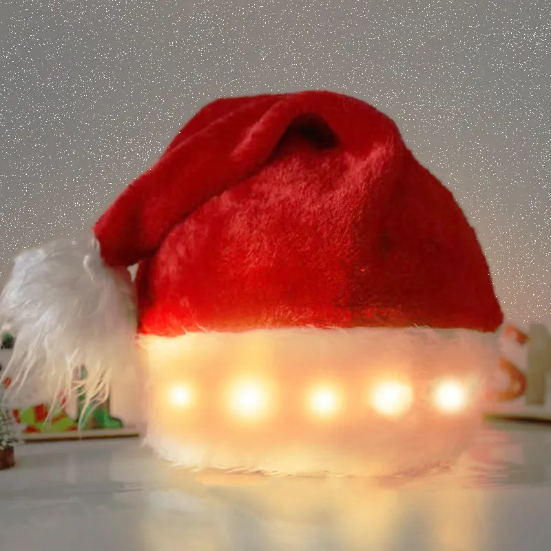Red and white plush Santa hat with integrated multi-colour LED lights lit up around the brim.