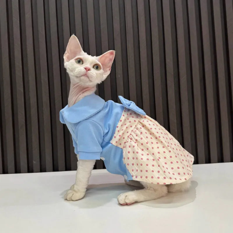 Hairless cat wearing a polka dot skirt with a detachable bow, lying down