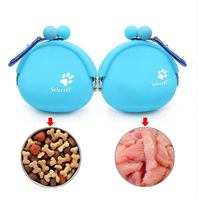 Yellow silicone dog training treat bag with hook-and-loop fastening showing 9x9.5cm dimensions