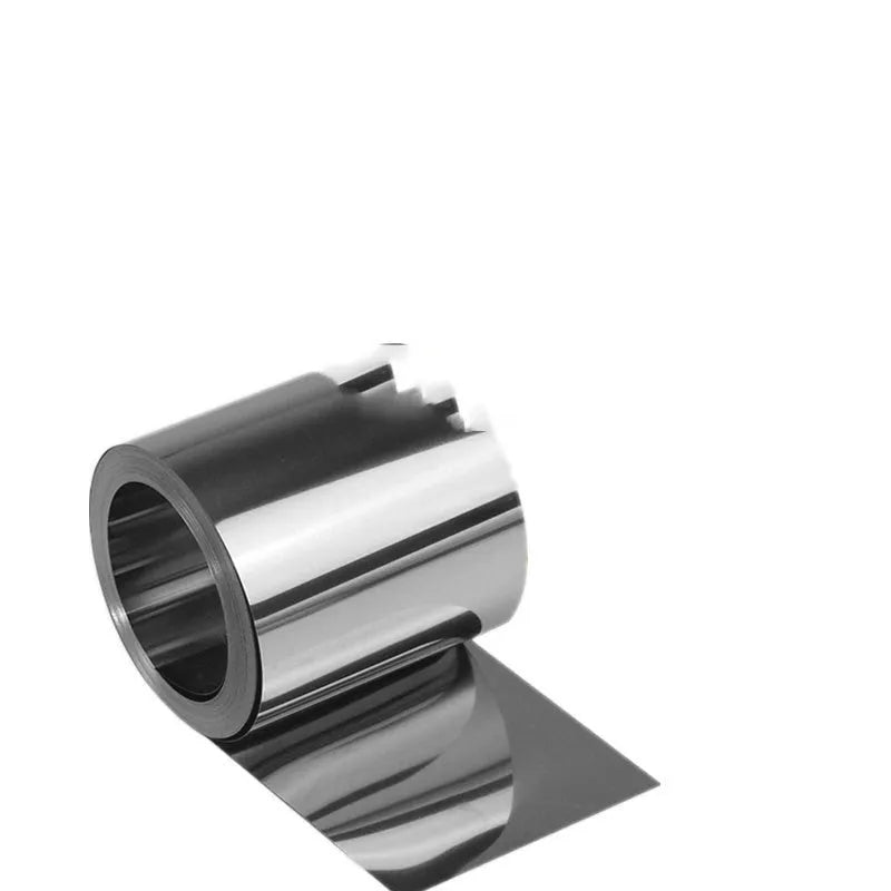 Close-up of a roll of thin 304 stainless steel sheet with a brown leather backing, showing measurements.