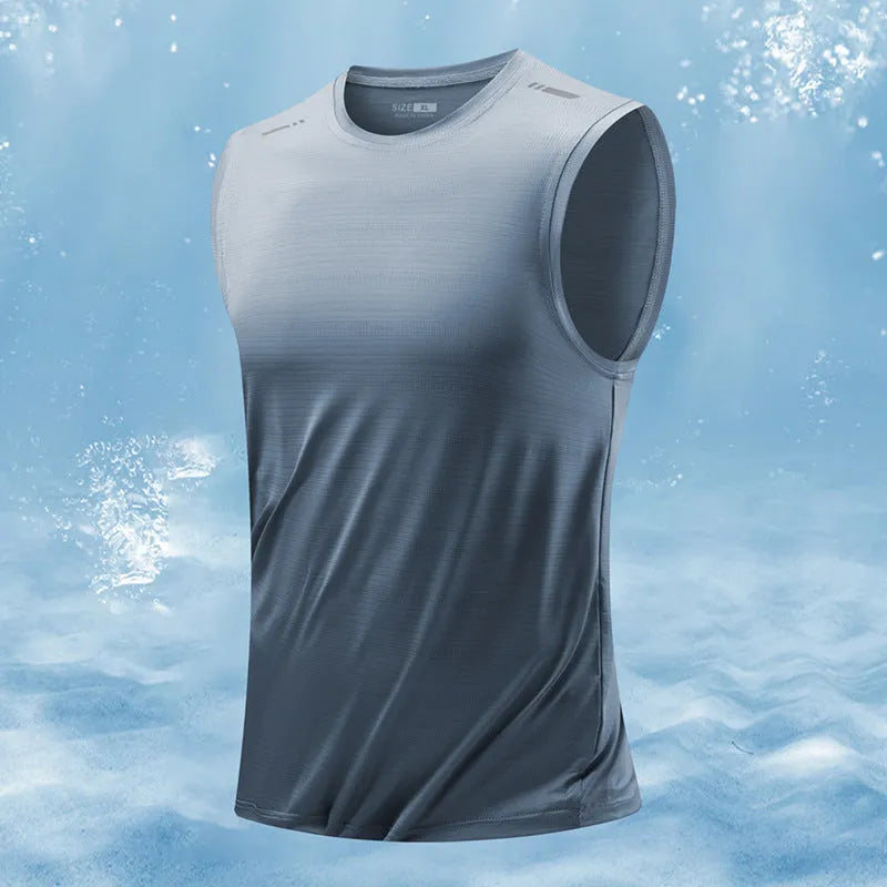 A man's loose-fit sleeveless vest in a solid colour, showing the straight hem and casual style.