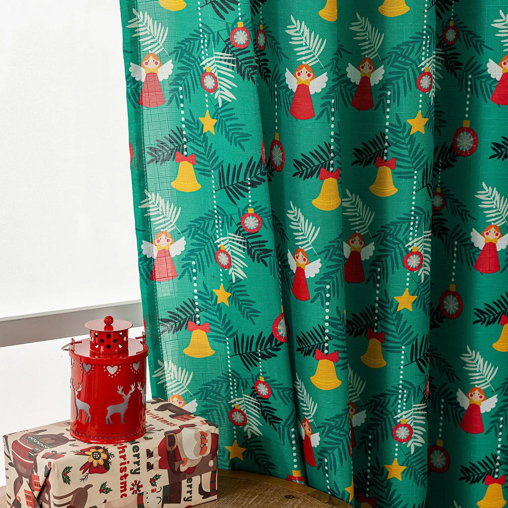 Christmas Snowman Angel print curtain in red with cartoon figures, 1 metre wide