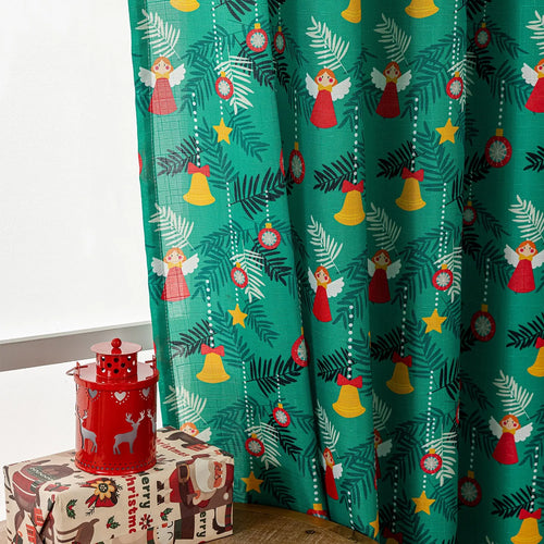 Christmas Snowman Angel print curtain in red with cartoon figures, 1 metre wide