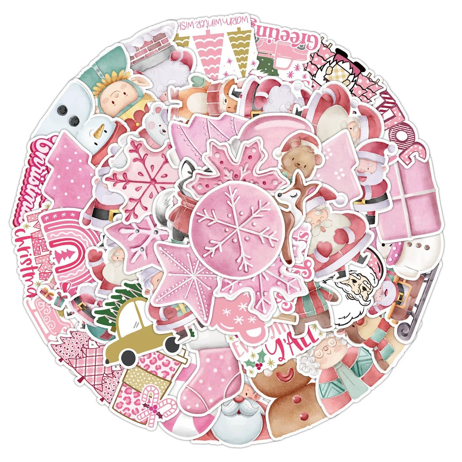 Christmas waterproof sticker pack showing variety of cute holiday designs from 4 to 8 centimetres