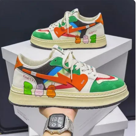 Casual lace-up sneakers in rainbow, white-blue, or white-rice colours with simple plain design