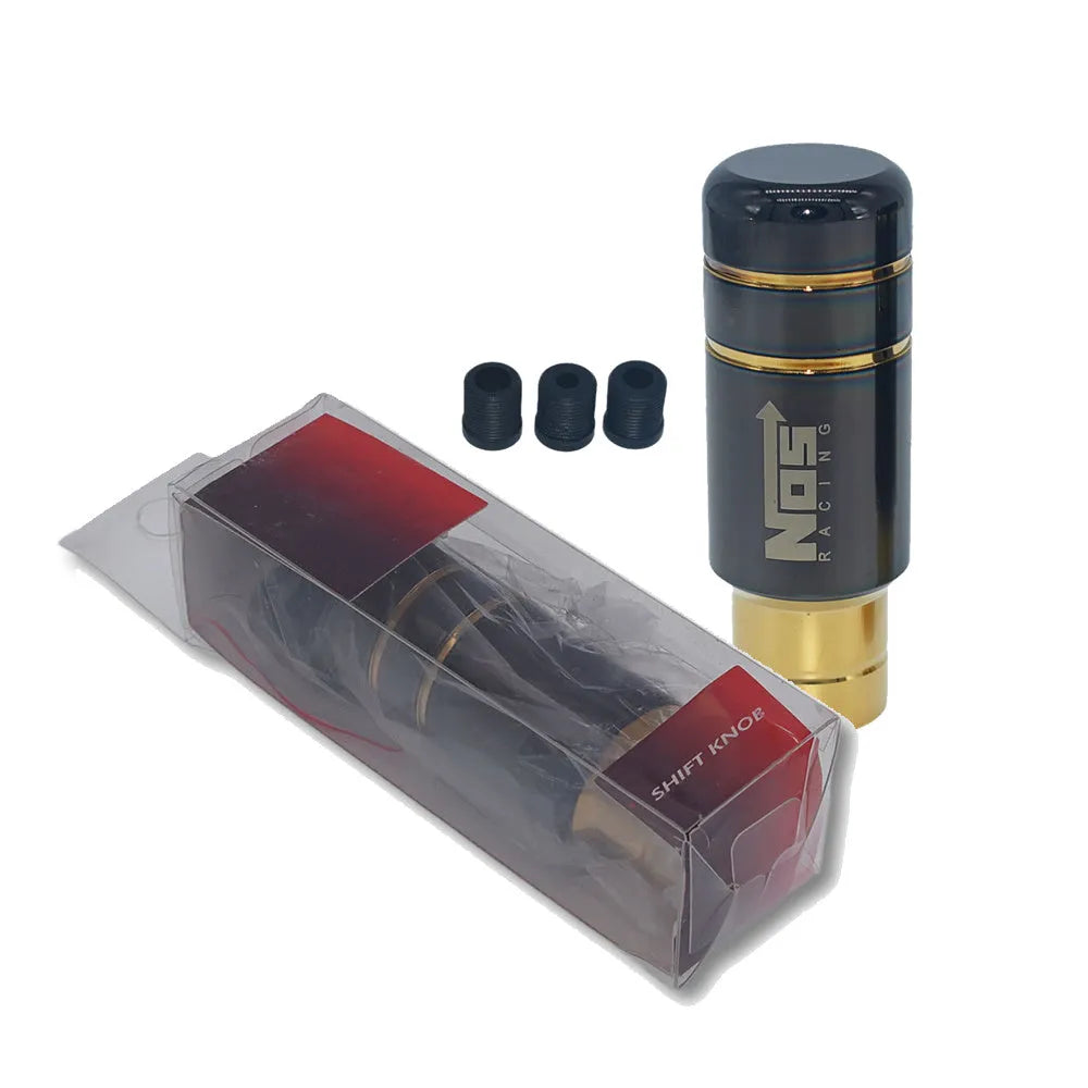 Roasted blue aluminium alloy car gear shift knob with three black rubber fitting sleeves.