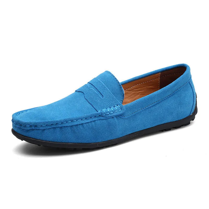 Men's suede Gommino-style loafers in a range of colours on a flat rubber sole.
