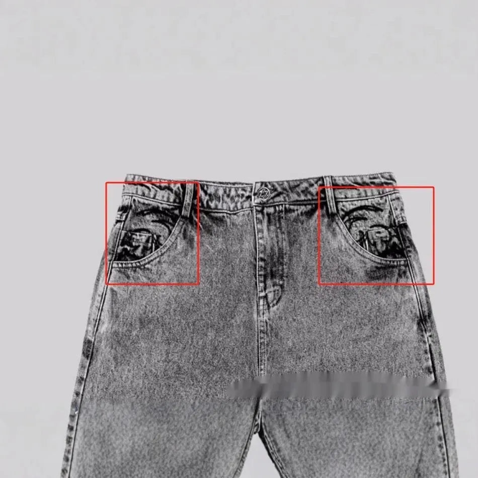 Grey loose straight-leg denim trousers for men and women on hanger