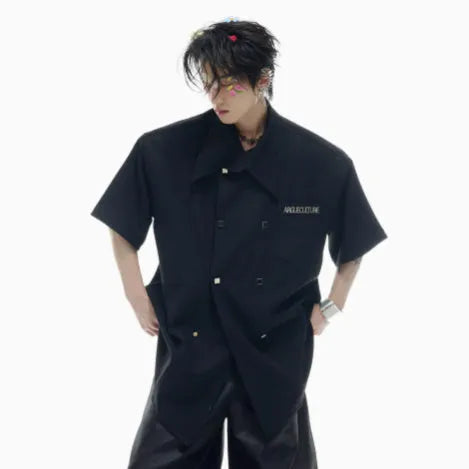 Men's loose casual summer short-sleeved shirt with splicing details and lapel collar in three colour options