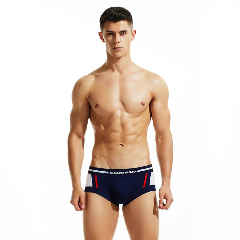 Men's low waist cotton boxer shorts in red, dark blue, and light grey colours.