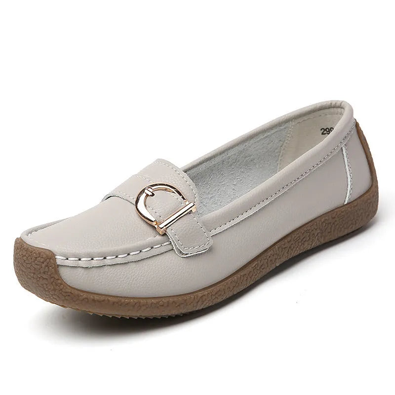 Women's casual loafers in artificial PU with beef tendon sole, round toe, and flat heel in five colour options
