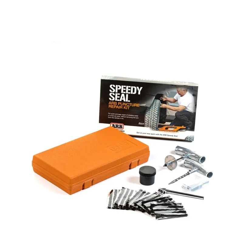 Speedy Seal emergency car tyre repair tool set with pressure gauge in open compact case