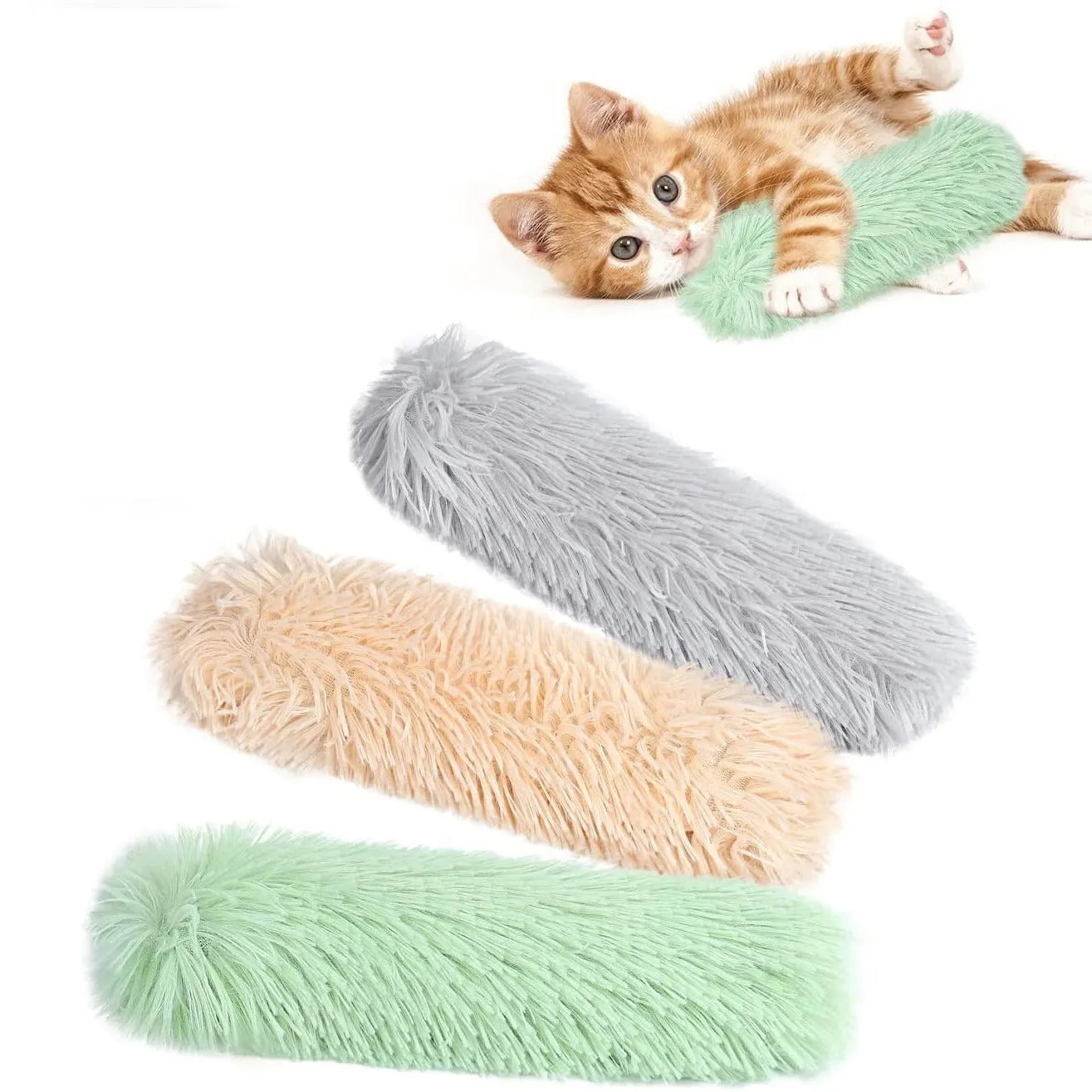 Soft plush cat toy pillow in blue, green, pink, or white, measuring 27 by 10 centimetres.