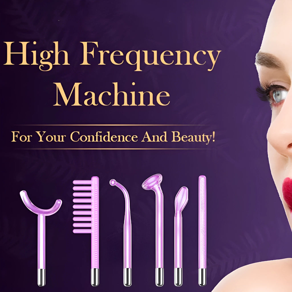 Purple high-frequency electrotherapy beauty instrument with six accessory heads for commercial treatments