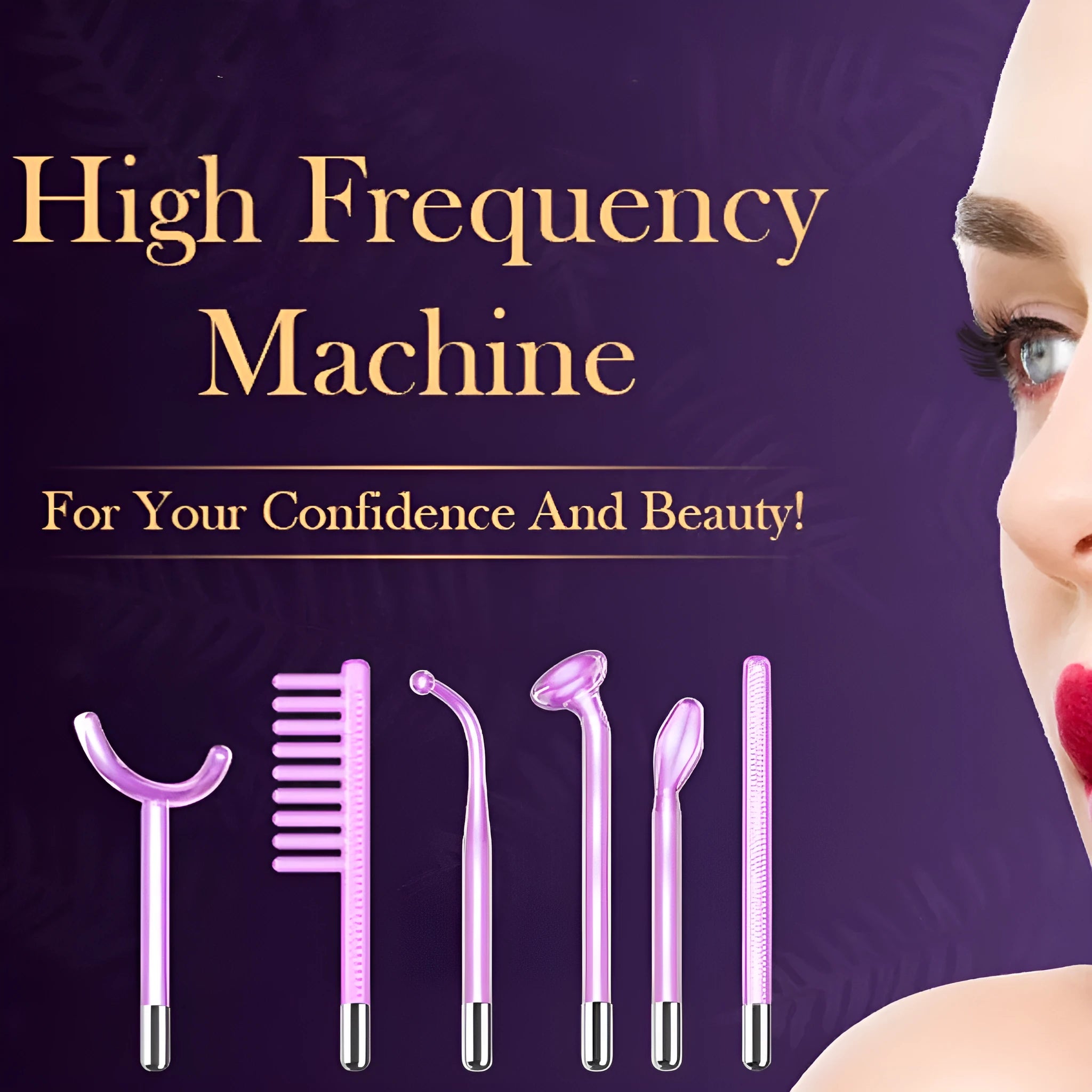 Purple high-frequency electrotherapy beauty instrument with six accessory heads for commercial treatments