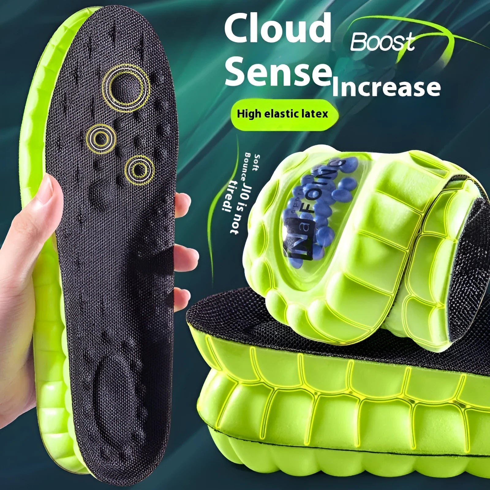 Green PU air cushion sports insoles with argy wormwood, shown with size markers.